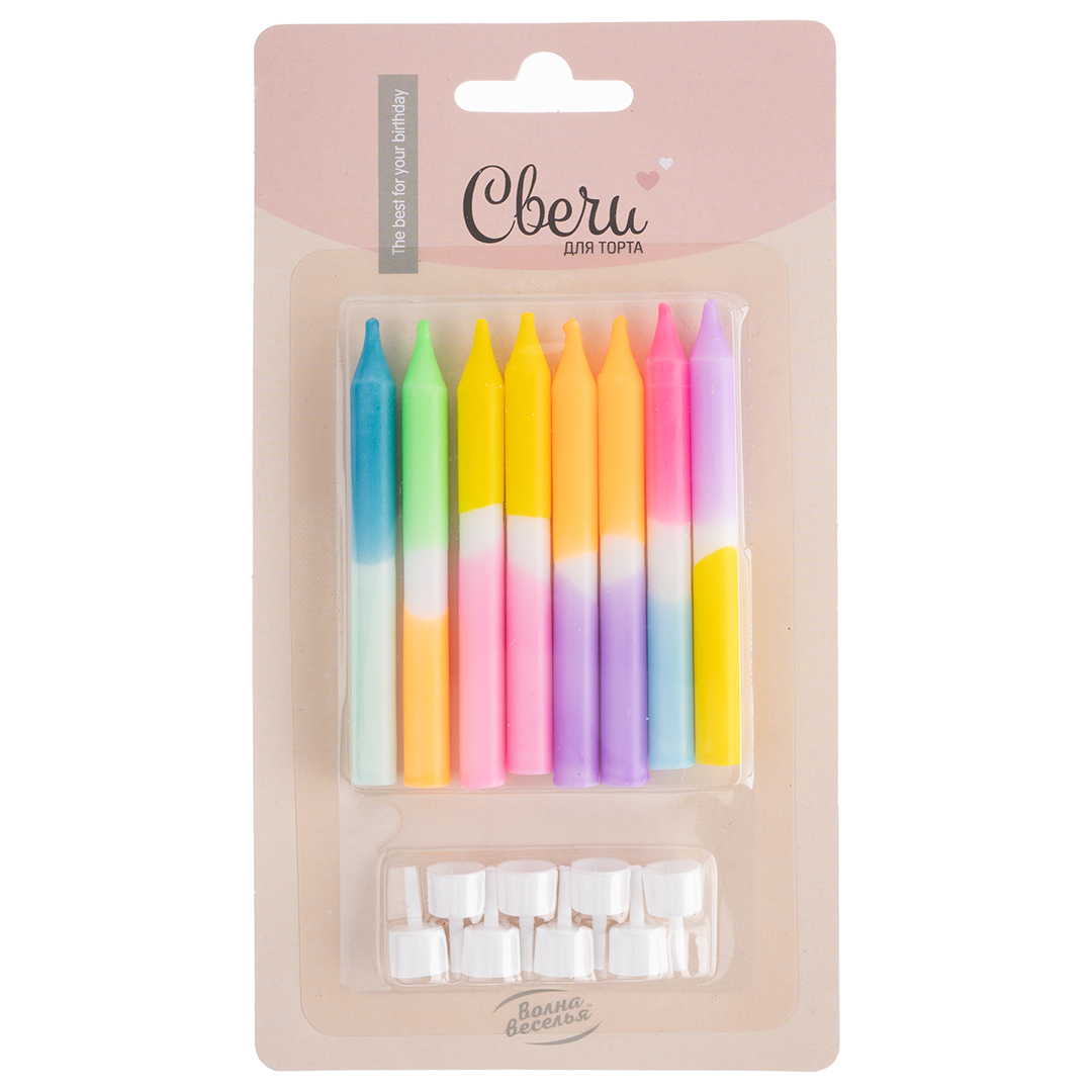 Свечи Волшебный микс, Ассорти, Градиент, 0,55х8 + 1 см, 8 шт. с держат, 630256