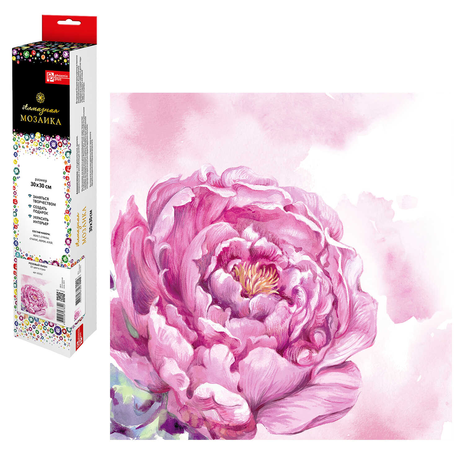 Алмазная мозайка, 'Розовый пион', 30х30 см, 65552