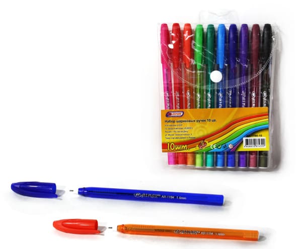 Набор шариковых ручек 10 цветов, трехгранный корпус, пластиковая уп, европодвес, AR-1194-10