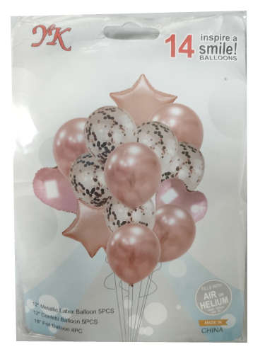 Набор шаров 'Розовое золото ассорти+конфети',14 шт.в наб.(4 фольгир.+5 латексных+5 конфетти),737