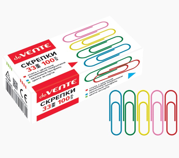 Скрепки металлические 'deVENTE' овальные цветные 33 мм, 100 шт в картонной коробке, 4135325