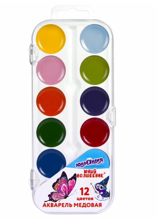 Краски акварельные ЮНЛАНДИЯ 'ЮНЫЙ ВОЛШЕБНИК', медовые, 12 цветов, круглые кюветы, пластик, 192358