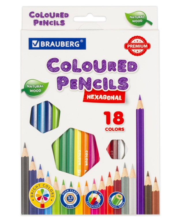 Цветные карандаши, 18 цветов, BRAUBERG, 3,3 мм, 181657