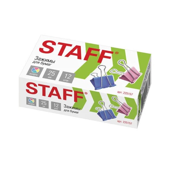 Зажимы для бумаг STAFF 'Profit', 25 мм, на 100 листов, цветные, картонная коробка, 225157