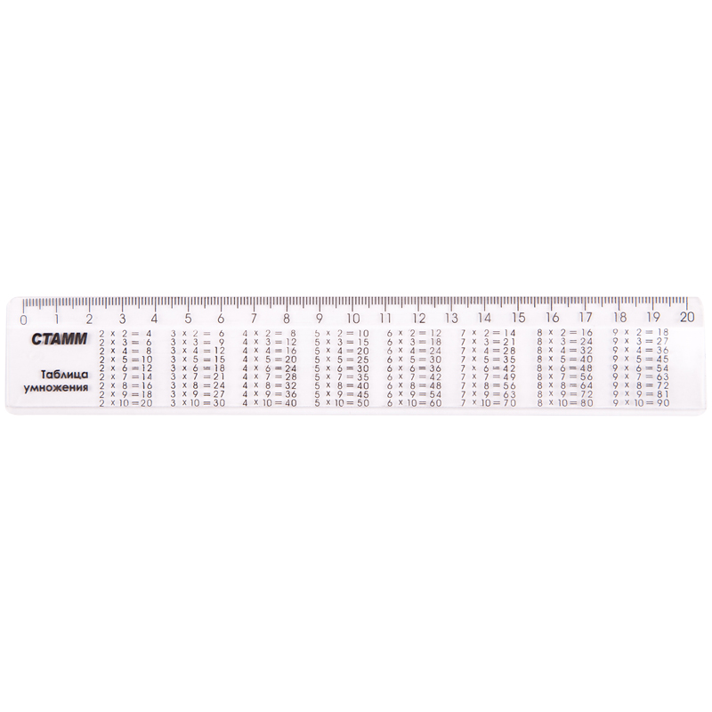 Линейка 20 см, СТАММ 'Таблица умножения', пластиковая , прозрачная, ЛС02