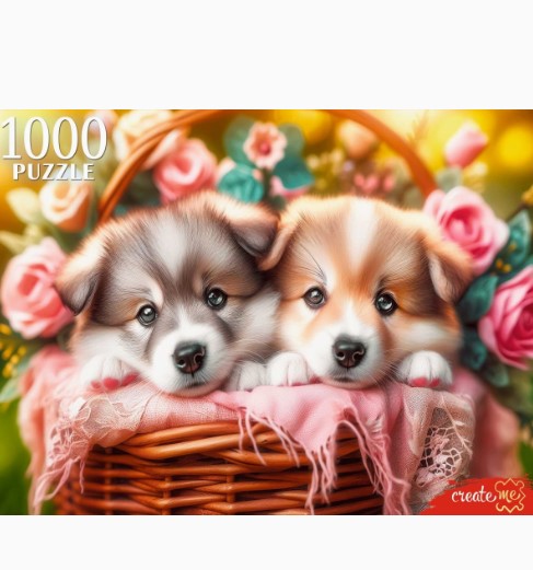 ПАЗЛЫ 1000 элементов. ДВА ЩЕНКА В КОРЗИНЕ, ХП1000-8277